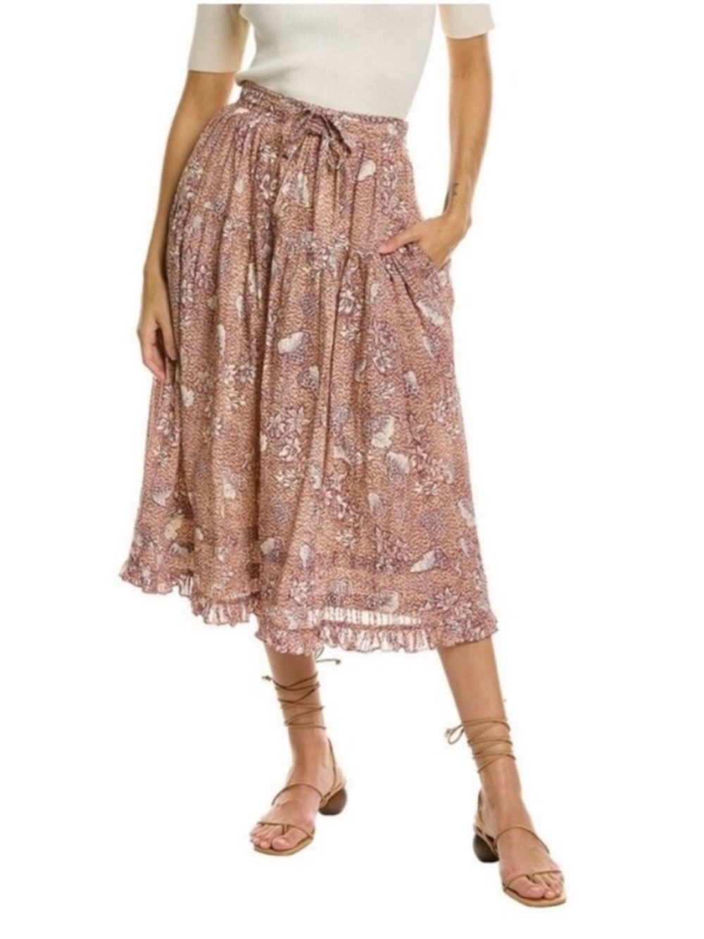Ulla Johnson Raquel Midi Skirt Tie Front Detail Floral Ruffle Tiered Size 10
